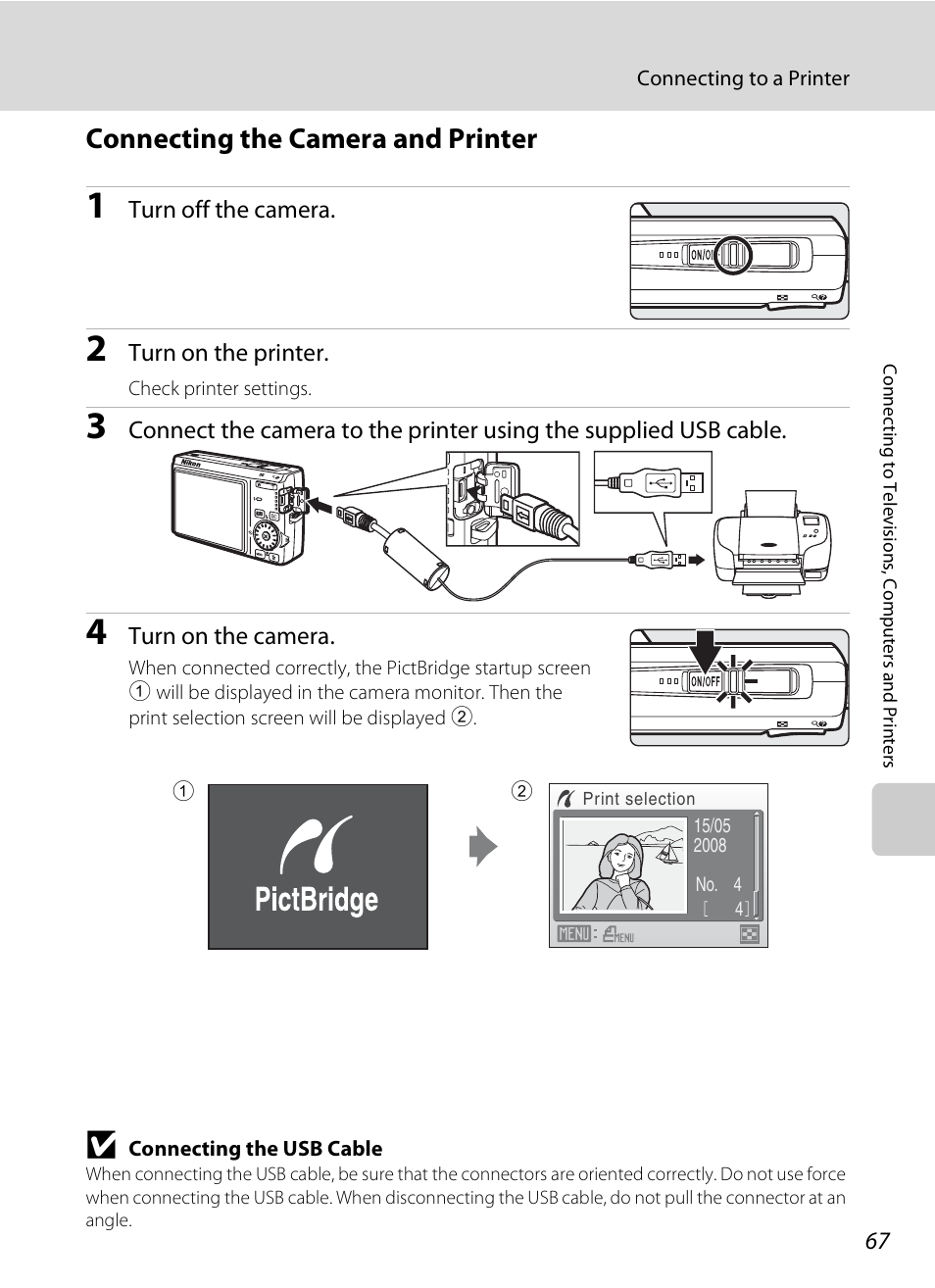 Connecting the camera and printer, A 67) | Nikon S600 User Manual | Page 79 / 144