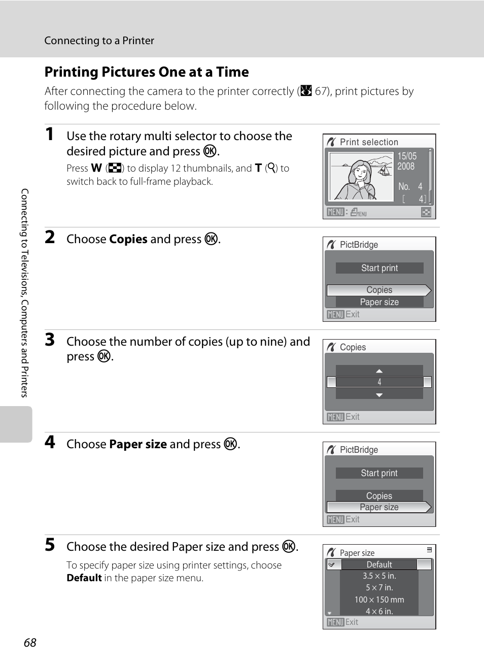 Printing pictures one at a time, A 68) | Nikon S600 User Manual | Page 80 / 144