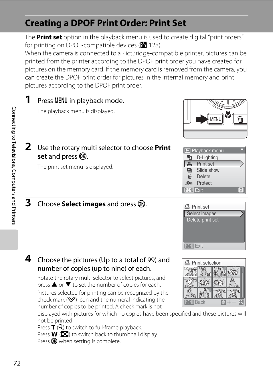 Creating a dpof print order: print set, A 72), A 72 | Nikon S600 User Manual | Page 84 / 144
