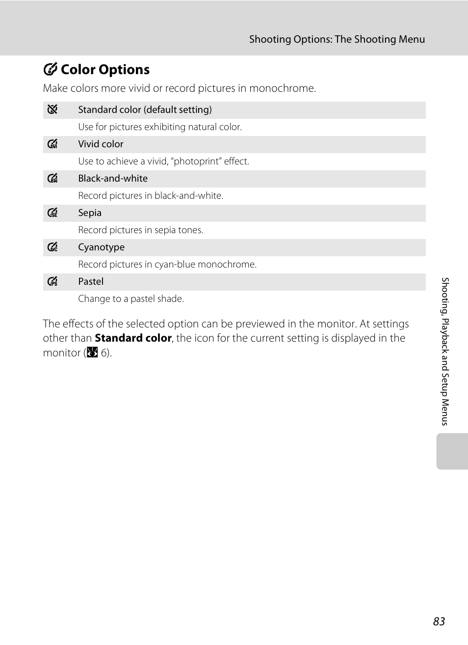 Color options, F color options, A 83 | Nikon S600 User Manual | Page 95 / 144