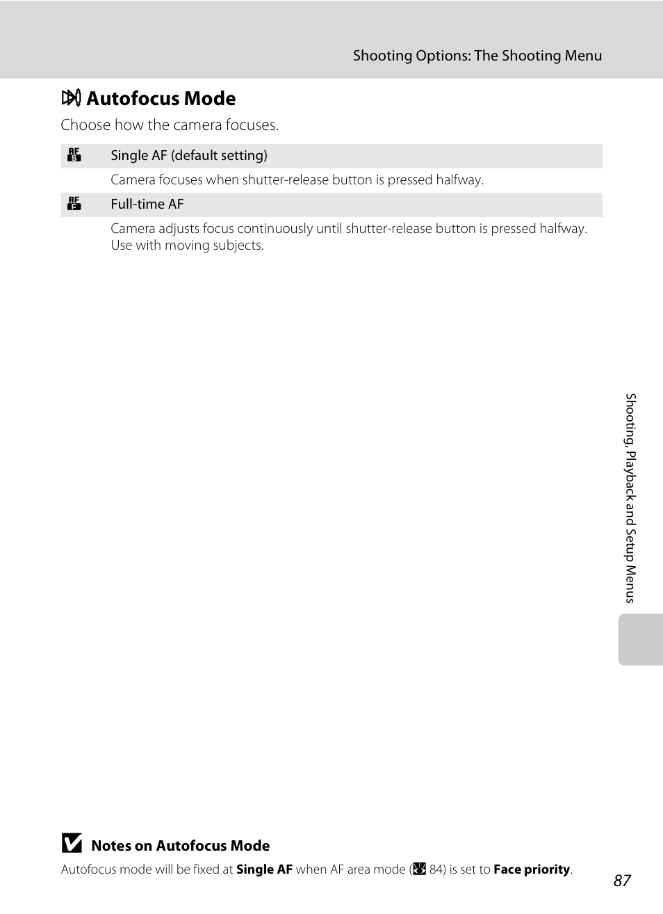 Autofocus mode, I autofocus mode, A 87 | Nikon S600 User Manual | Page 99 / 144