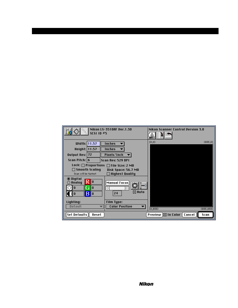 Using the macintosh scanner plugin, The main dialog | Nikon LS-3500 - LS-3510 User Manual | Page 33 / 87