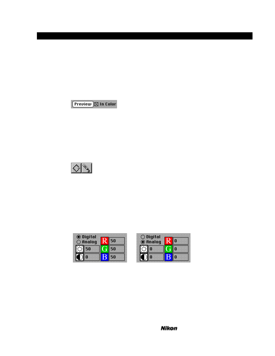 Grayscale/color preview, Interface buttons, Digital and analog controls | Nikon LS-3500 - LS-3510 User Manual | Page 43 / 87