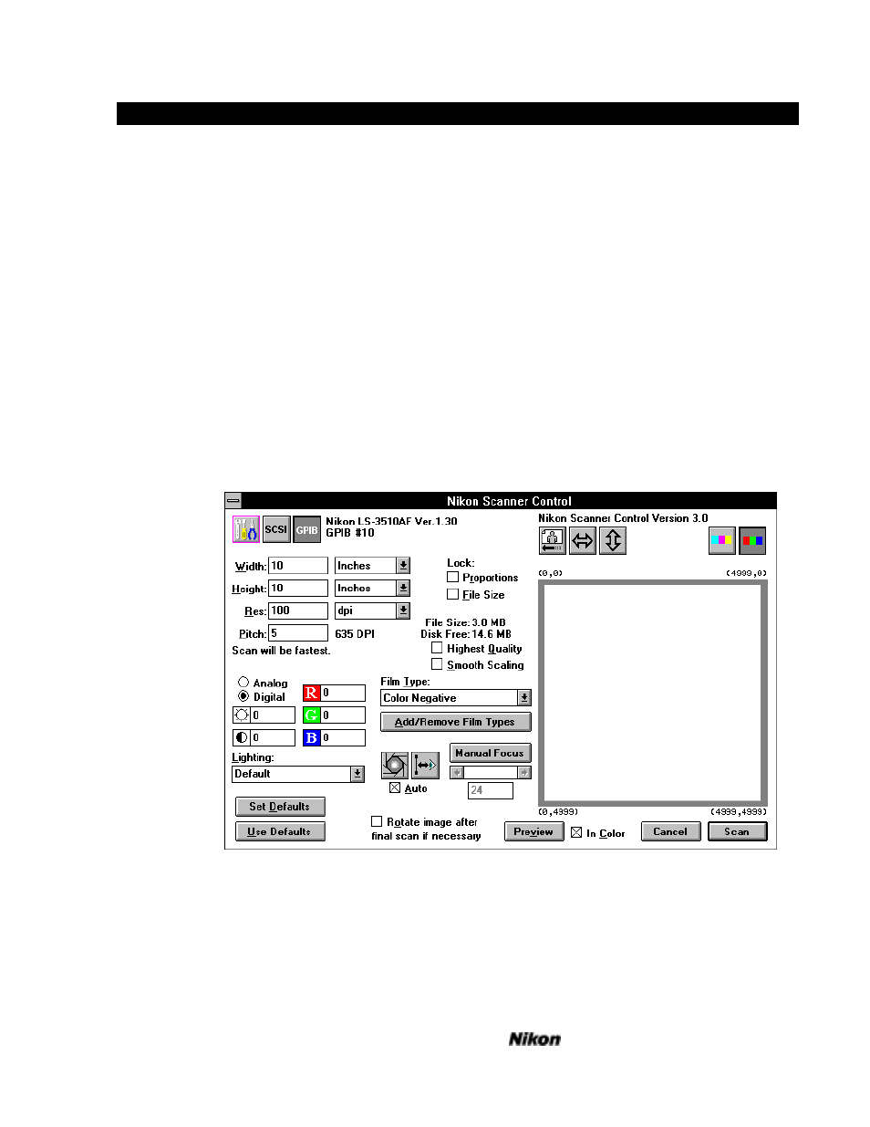 Using the windows 3.1 scanner plugin, The main dialog, Controls and indicators | Nikon LS-3500 - LS-3510 User Manual | Page 51 / 87