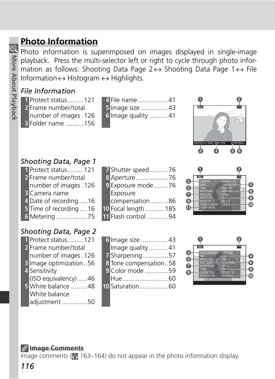 Photo information, Shooting data, page 1, Shooting data, page 2 | Mor e about playback | Nikon D70 User Manual | Page 126 / 218