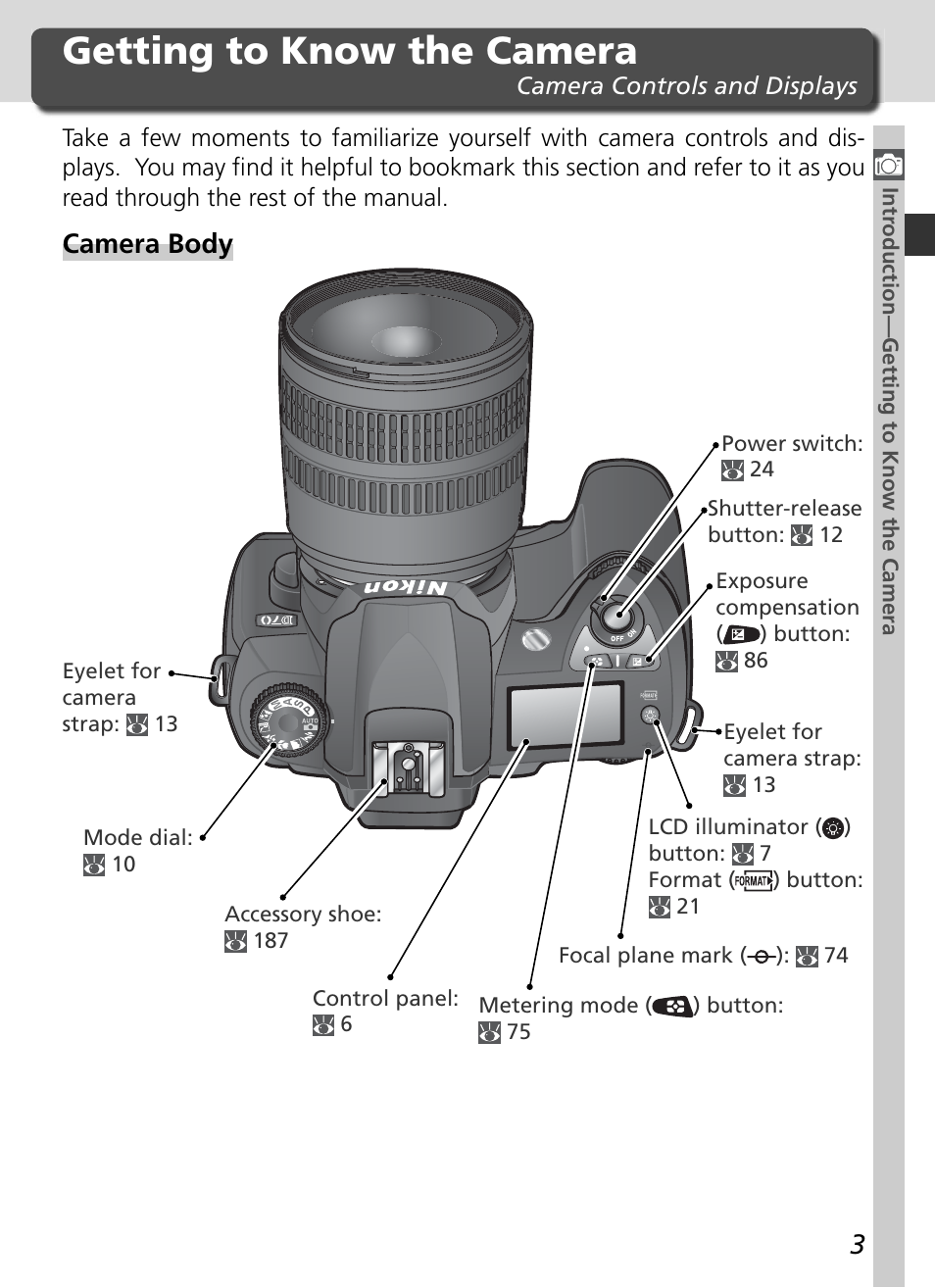 Getting to know the camera, Camera body | Nikon D70 User Manual | Page 13 / 218