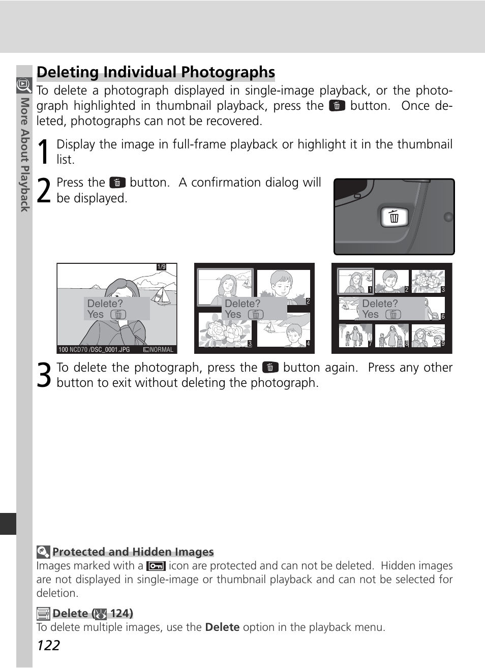 Deleting individual photographs | Nikon D70 User Manual | Page 132 / 218