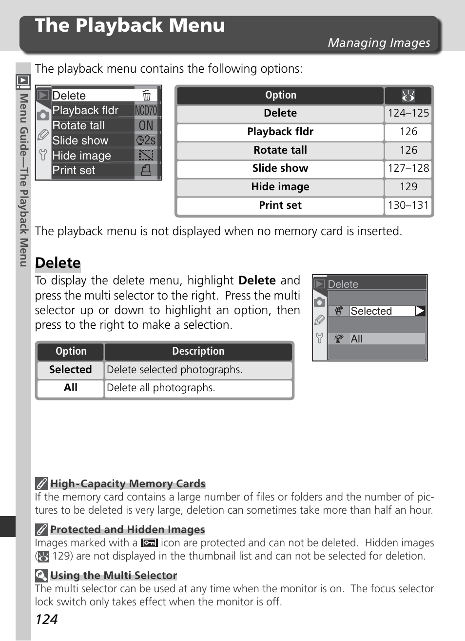 The playback menu, Delete | Nikon D70 User Manual | Page 134 / 218