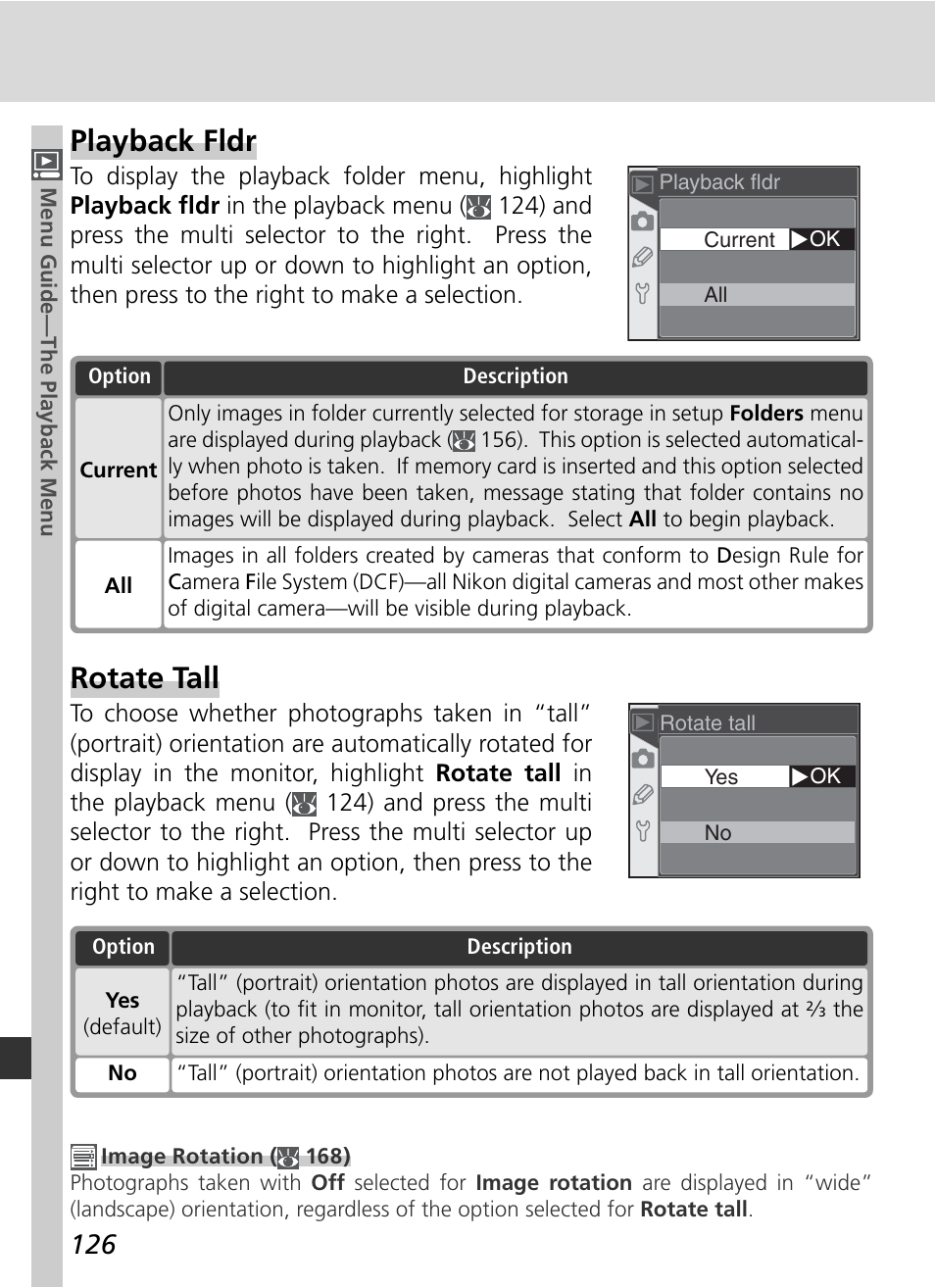 Playback fldr, Rotate tall | Nikon D70 User Manual | Page 136 / 218