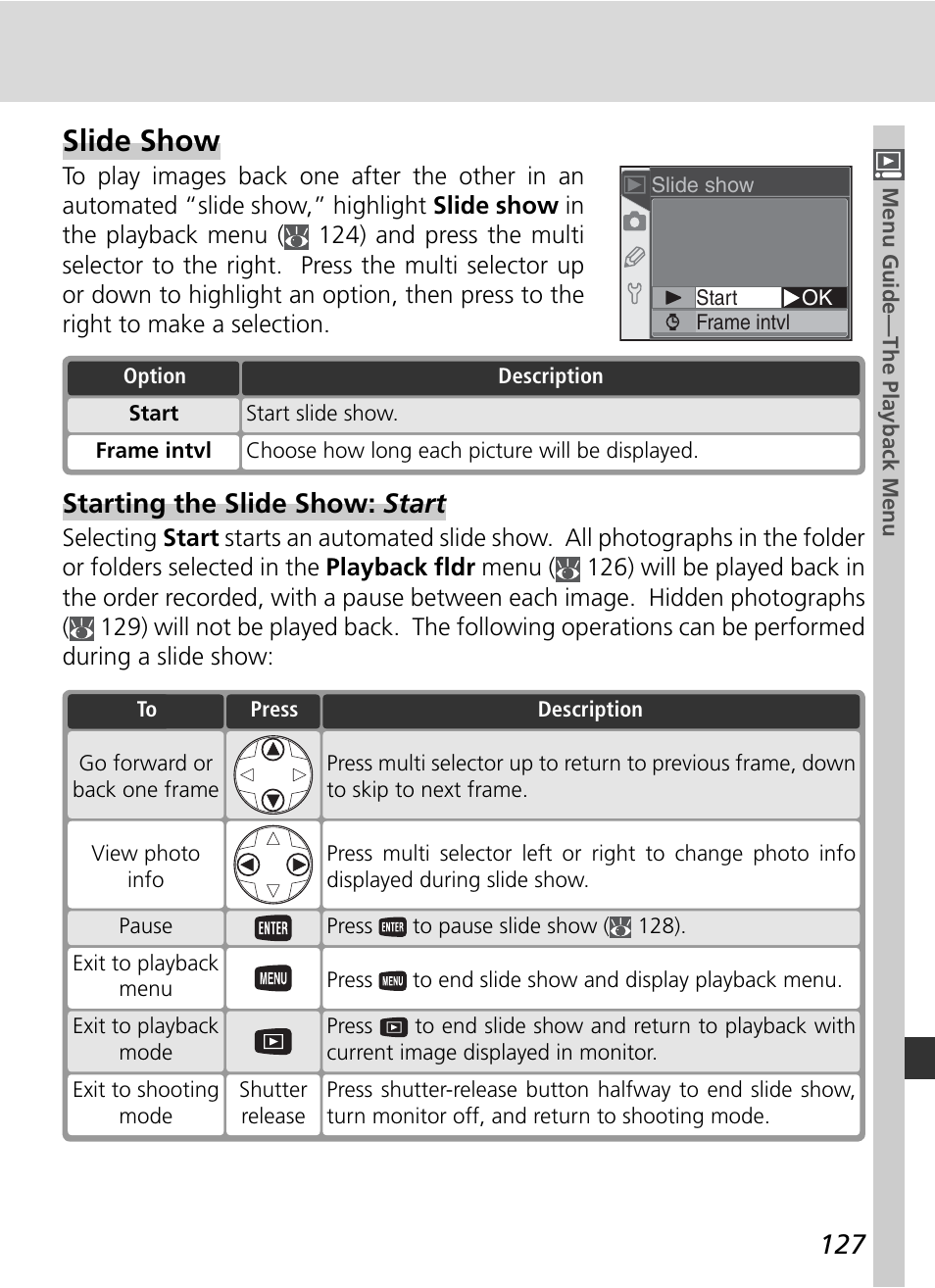 Slide show, Starting the slide show: start | Nikon D70 User Manual | Page 137 / 218