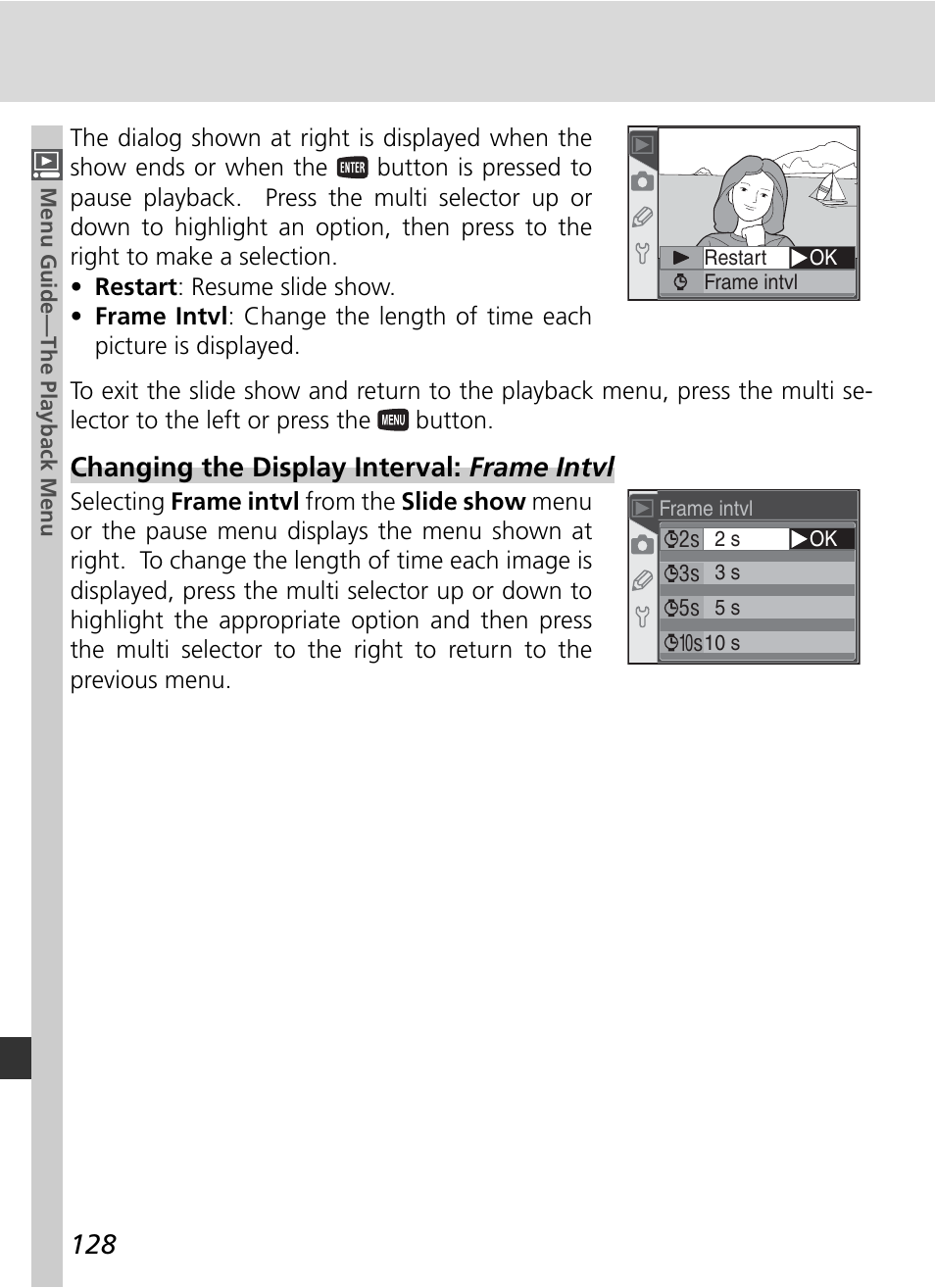 Changing the display interval: frame intvl | Nikon D70 User Manual | Page 138 / 218