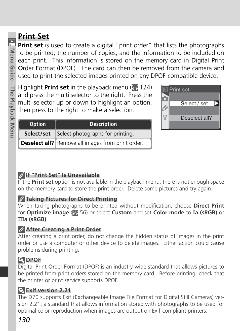 Print set | Nikon D70 User Manual | Page 140 / 218