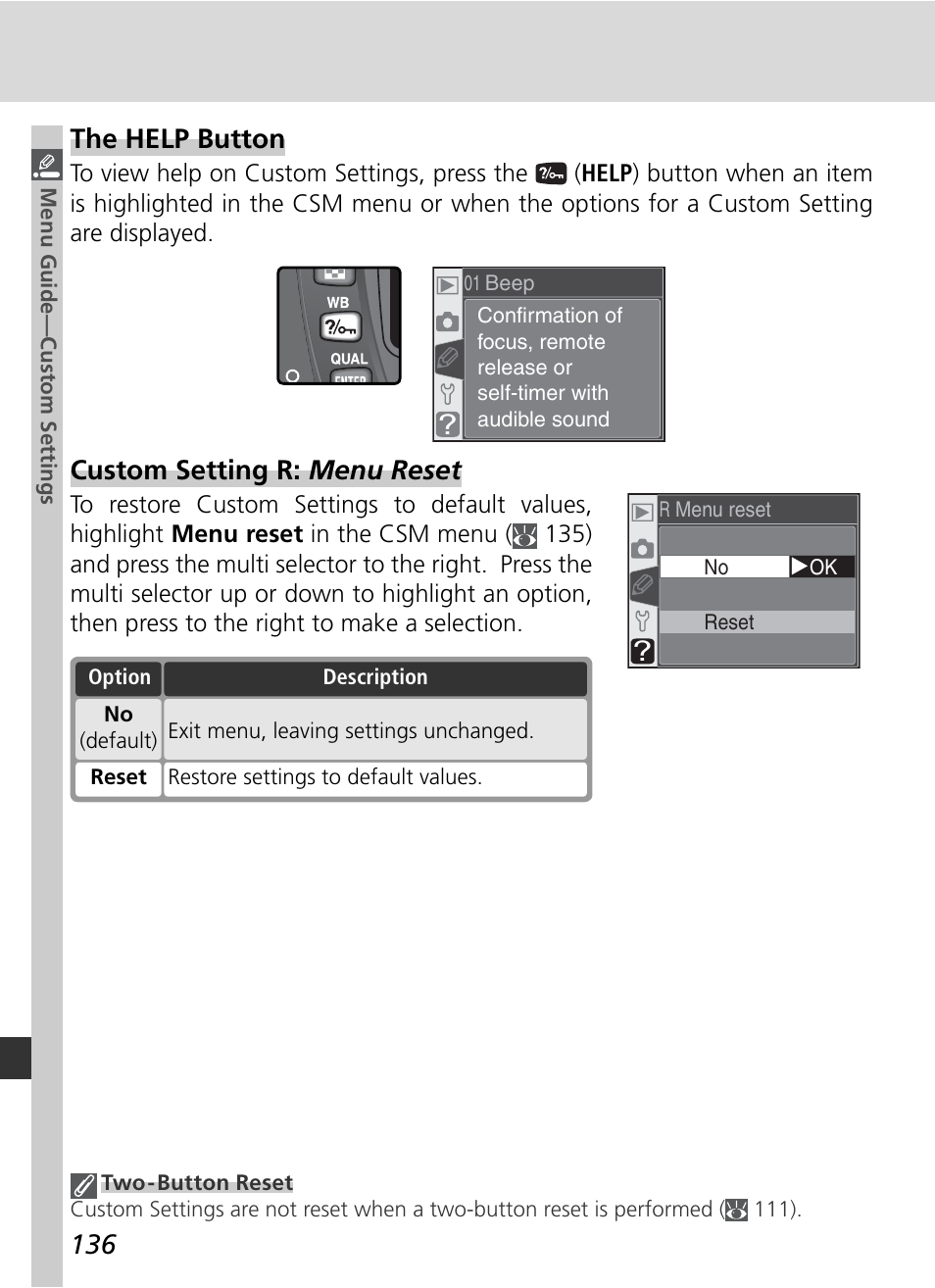 The help button, Custom setting r: menu reset | Nikon D70 User Manual | Page 146 / 218