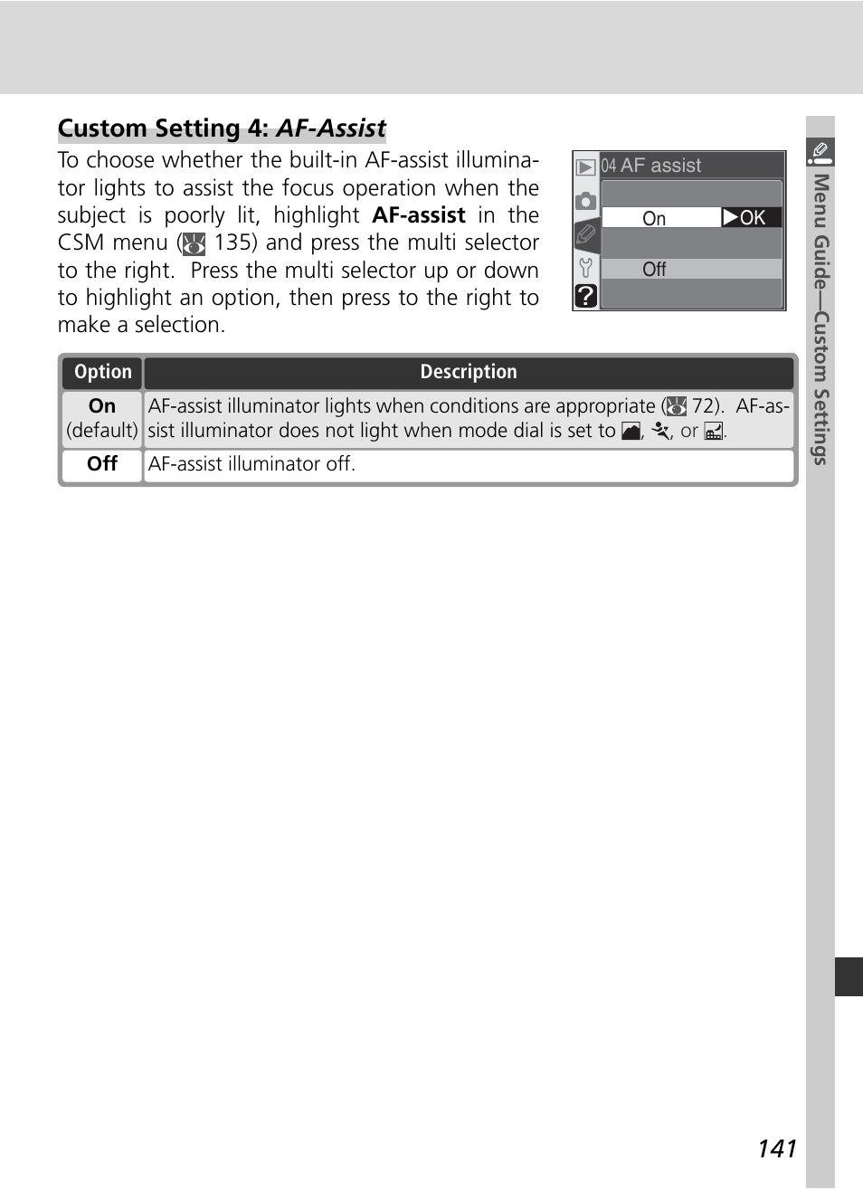 Custom setting 4: af-assist | Nikon D70 User Manual | Page 151 / 218