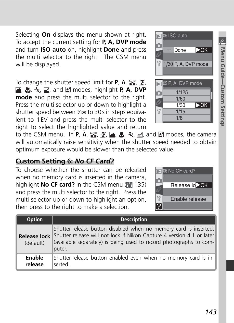 Custom setting 6: no cf card | Nikon D70 User Manual | Page 153 / 218