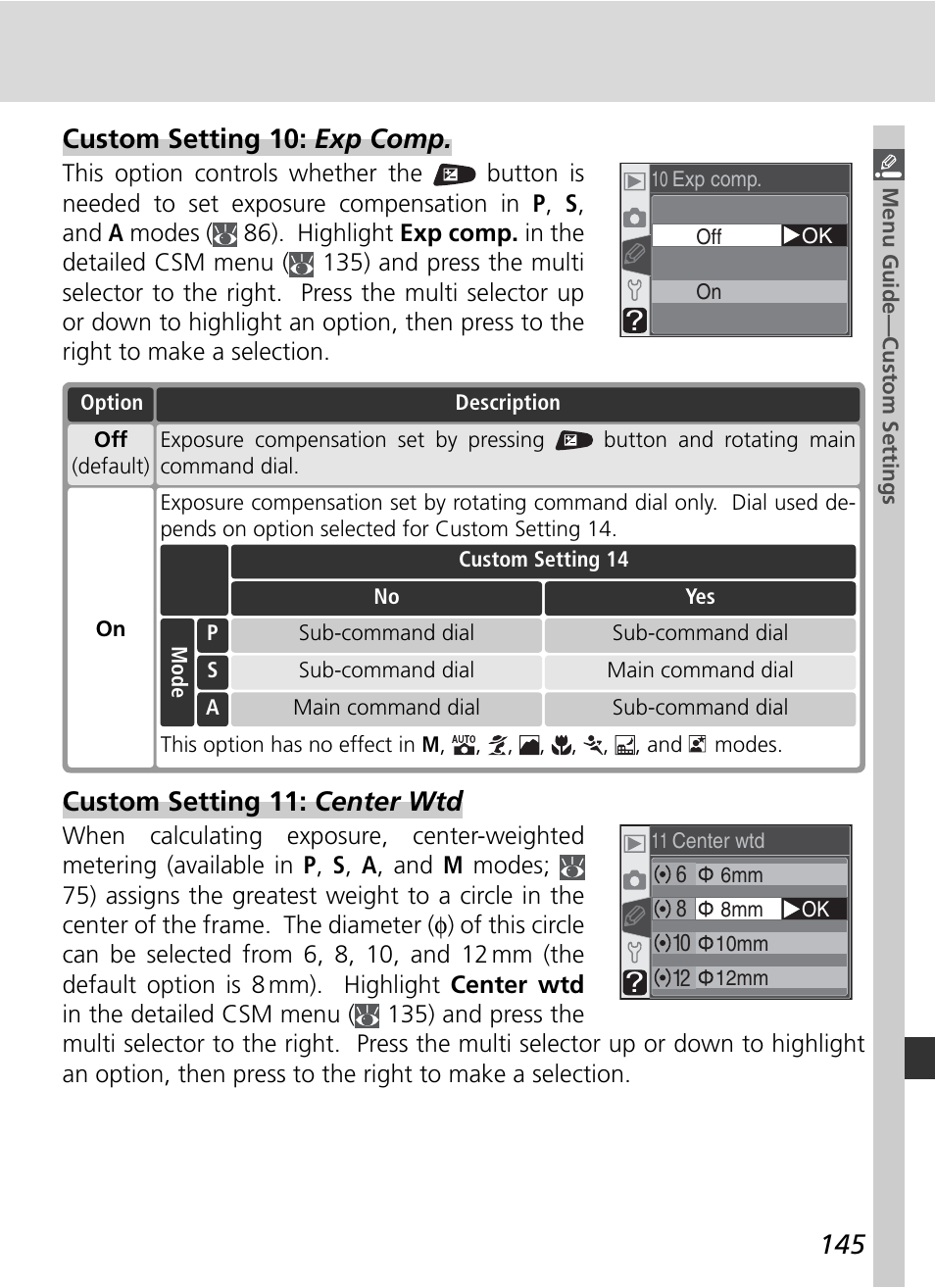 Custom setting 10: exp comp, Custom setting 11: center wtd | Nikon D70 User Manual | Page 155 / 218