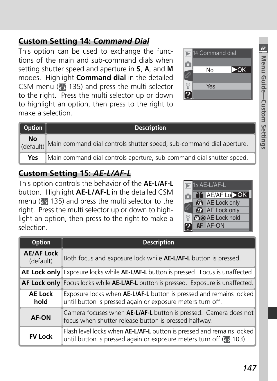Custom setting 14: command dial, Custom setting 15: ae-l / af-l | Nikon D70 User Manual | Page 157 / 218