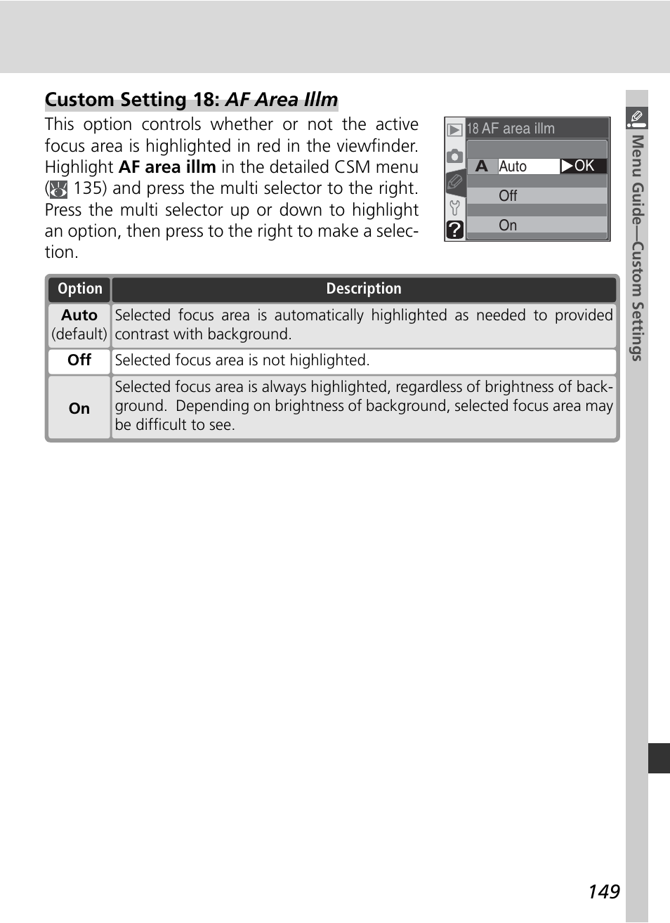 Custom setting 18: af area illm | Nikon D70 User Manual | Page 159 / 218