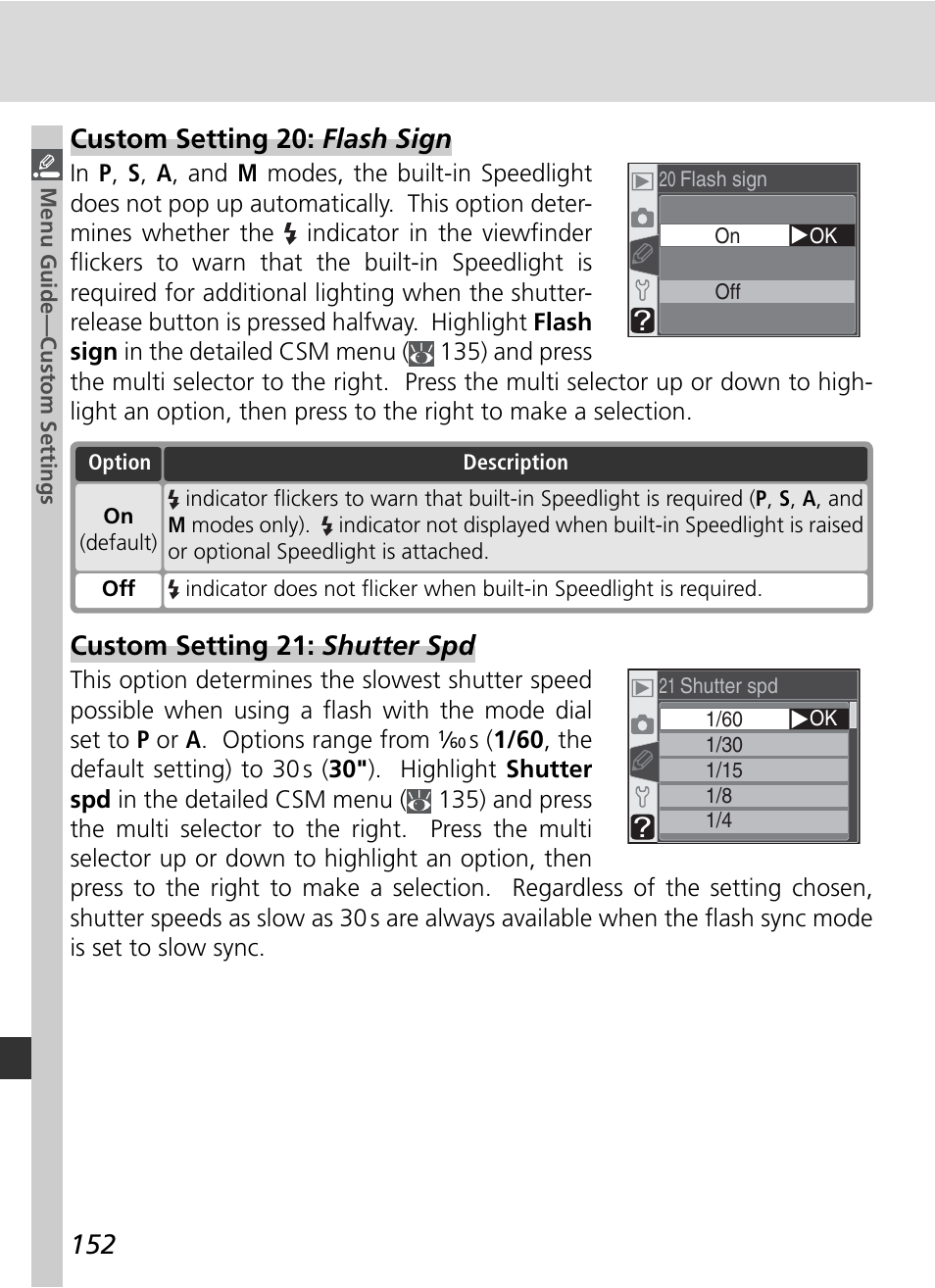 Custom setting 20: flash sign, Custom setting 21: shutter spd | Nikon D70 User Manual | Page 162 / 218