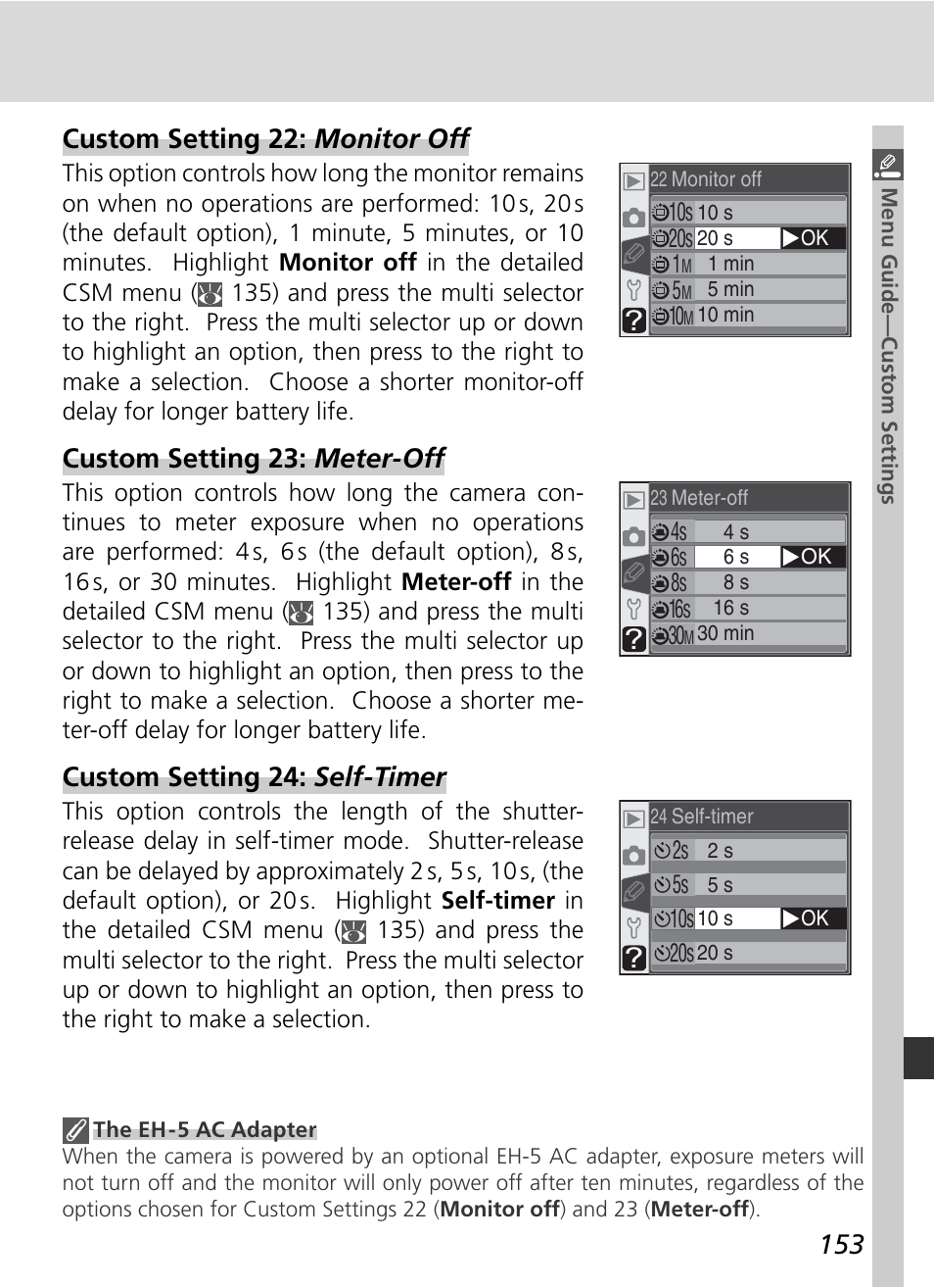 Custom setting 22: monitor off, Custom setting 23: meter-off, Custom setting 24: self-timer | Nikon D70 User Manual | Page 163 / 218