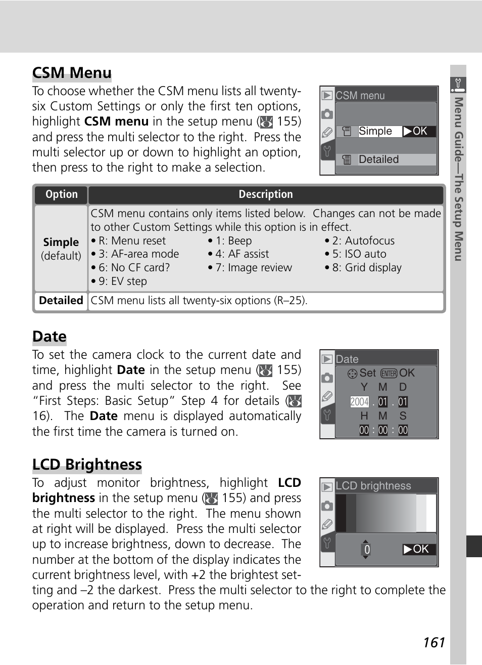 Csm menu, Date, Lcd brightness | Nikon D70 User Manual | Page 171 / 218