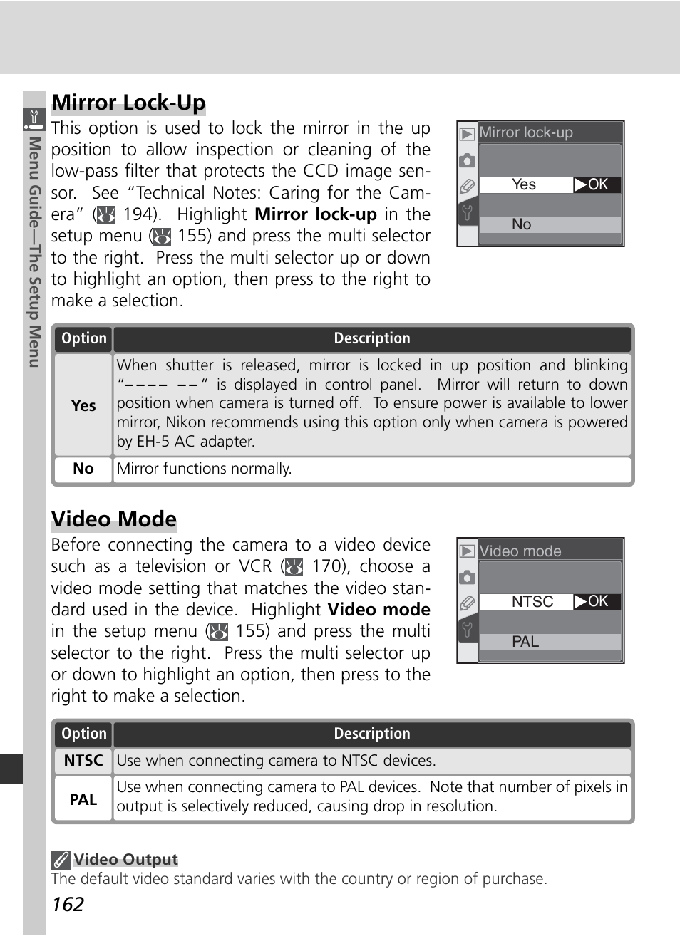 Mirror lock-up, Video mode | Nikon D70 User Manual | Page 172 / 218