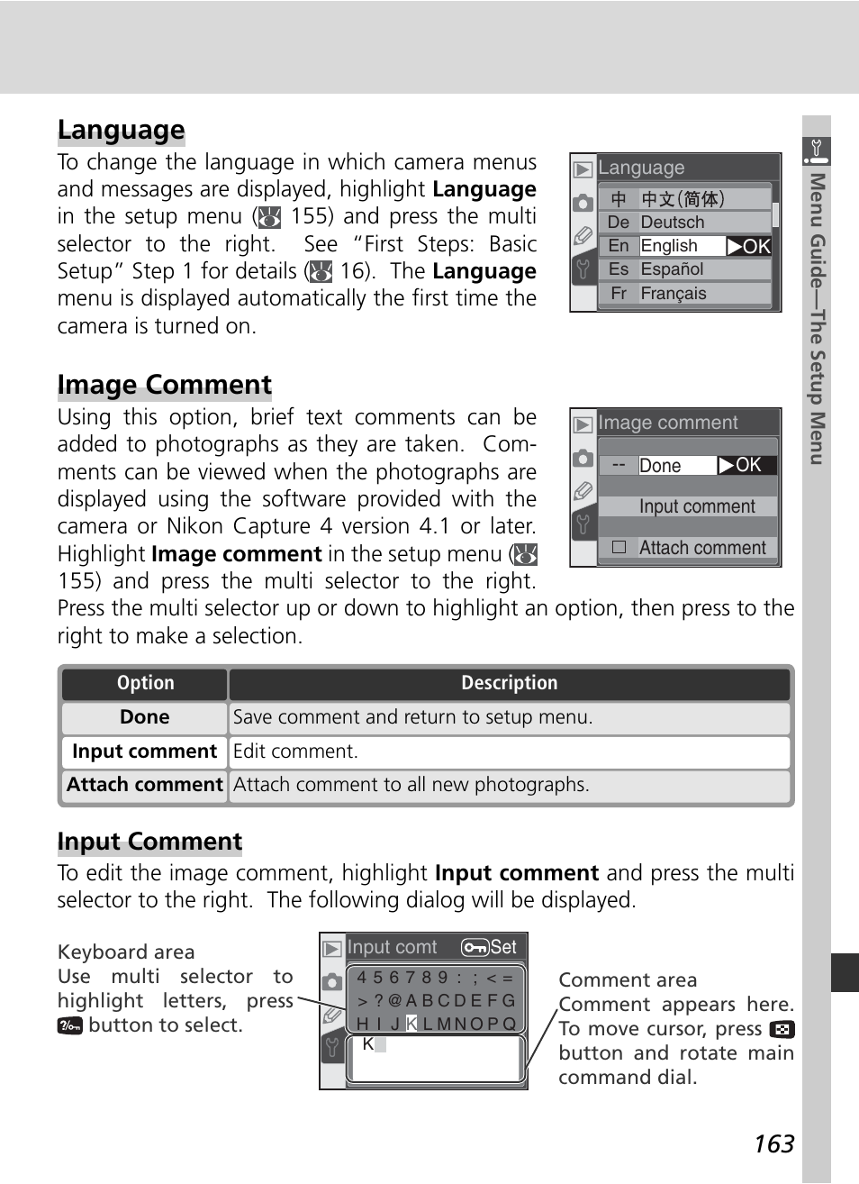 Language, Image comment, Input comment | Nikon D70 User Manual | Page 173 / 218