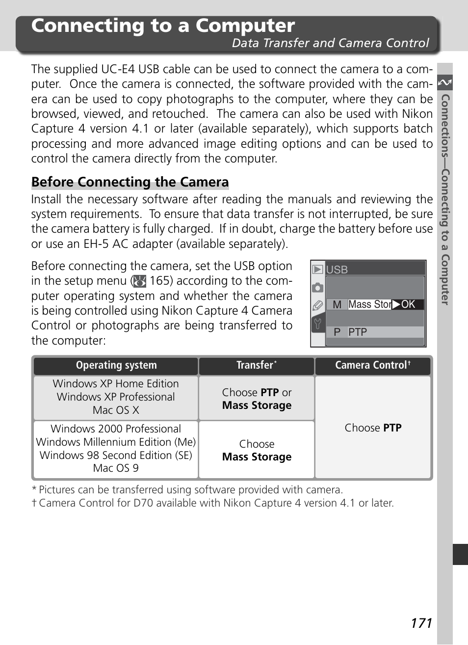 Connecting to a computer, Before connecting the camera | Nikon D70 User Manual | Page 181 / 218