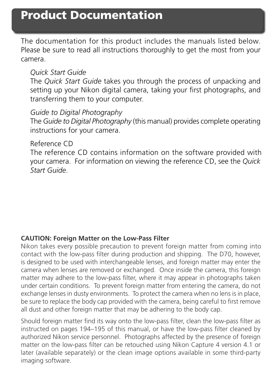 Product documentation | Nikon D70 User Manual | Page 2 / 218