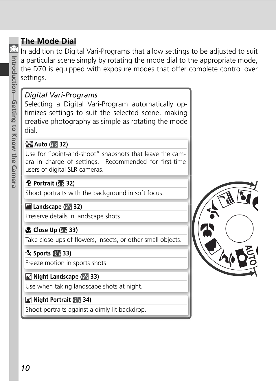 The mode dial | Nikon D70 User Manual | Page 20 / 218