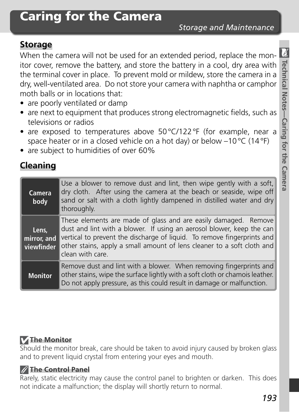 Caring for the camera, Storage, Cleaning | Nikon D70 User Manual | Page 203 / 218
