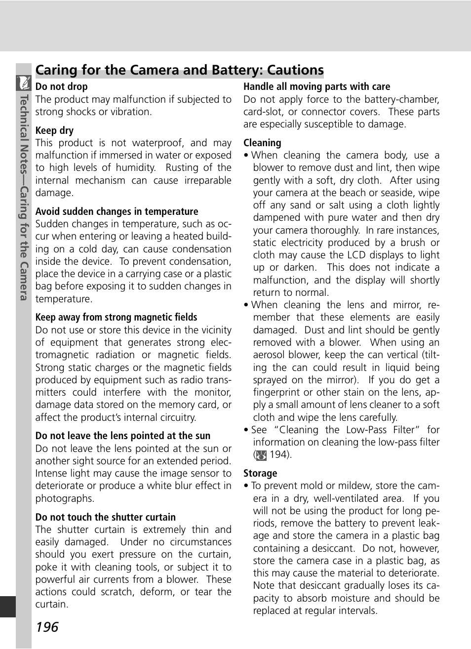 Caring for the camera and battery: cautions | Nikon D70 User Manual | Page 206 / 218