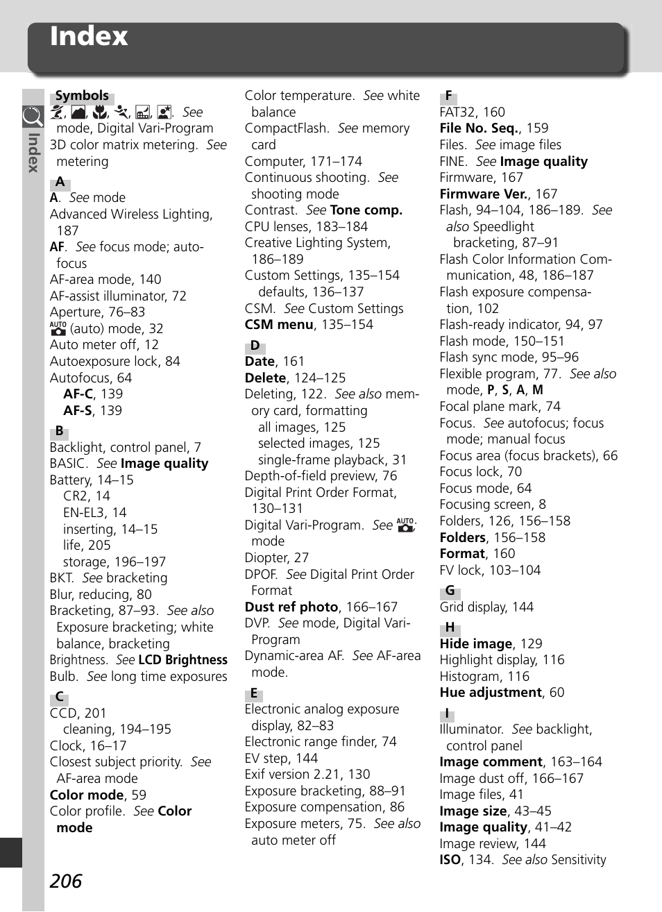 Index | Nikon D70 User Manual | Page 216 / 218