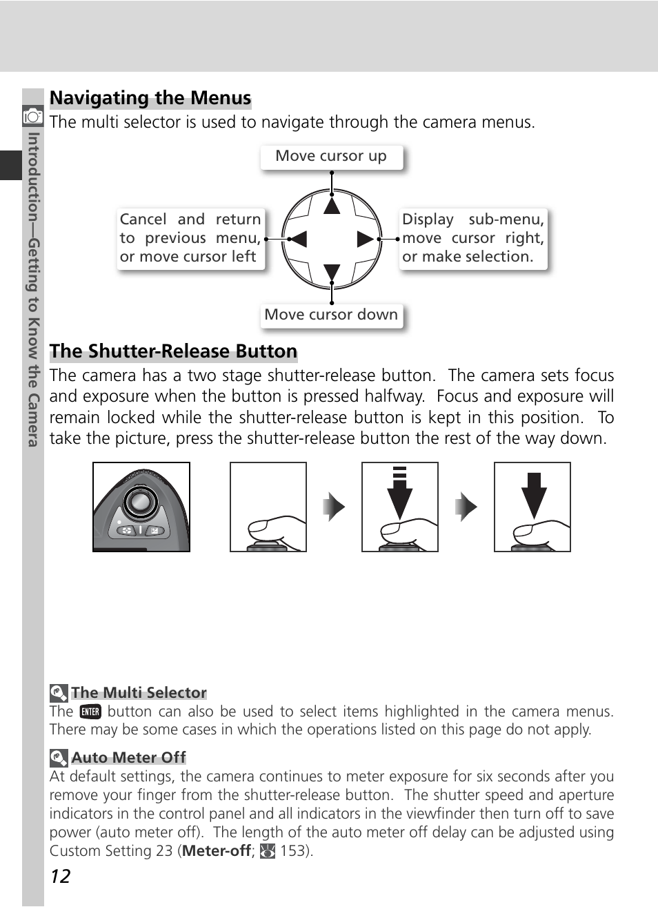 Navigating the menus, The shutter-release button | Nikon D70 User Manual | Page 22 / 218