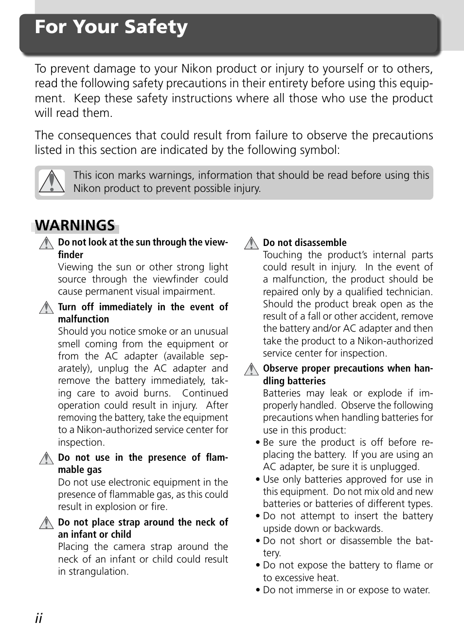 For your safety, Warnings | Nikon D70 User Manual | Page 4 / 218