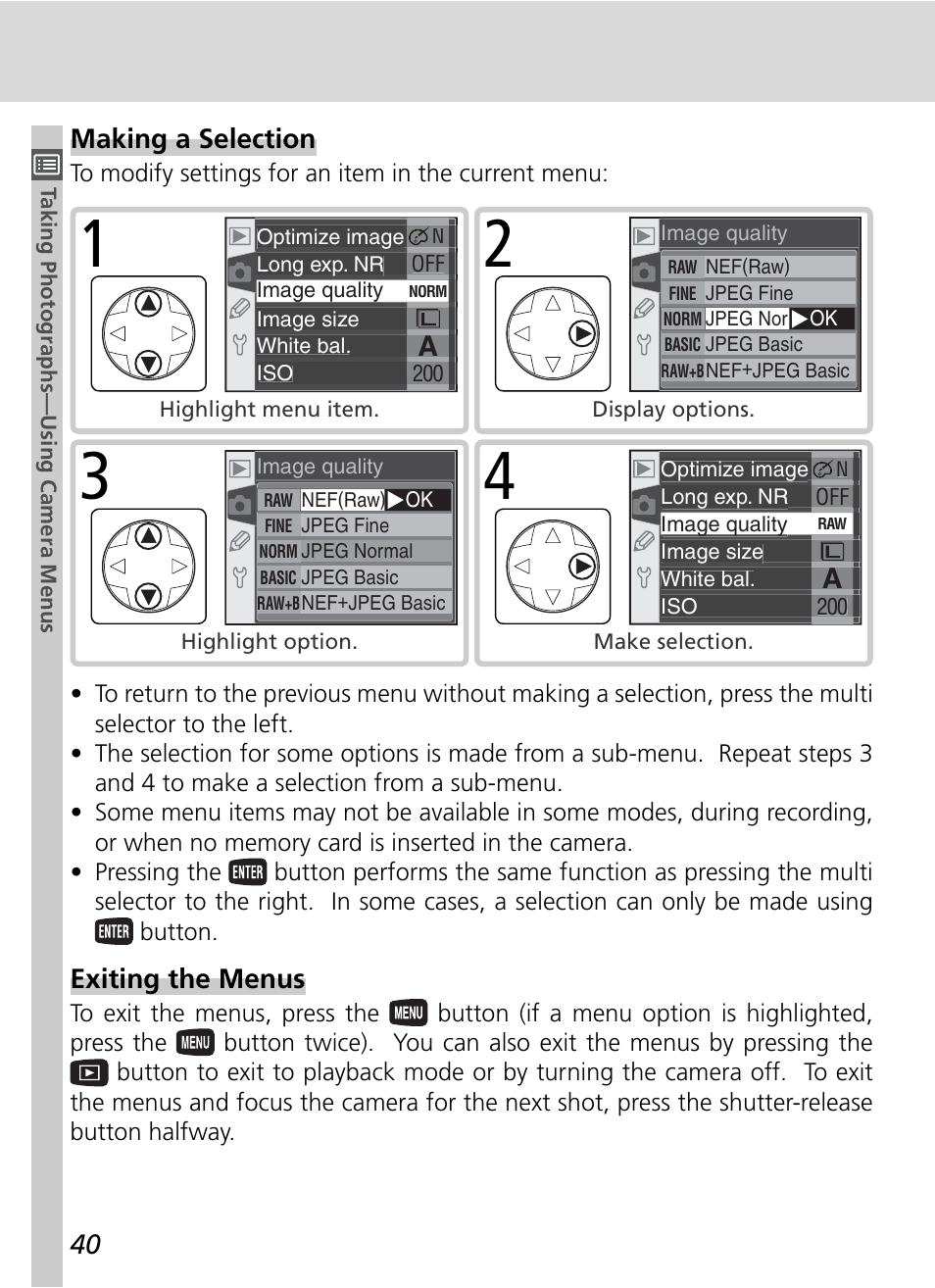 Exiting the menus, Making a selection | Nikon D70 User Manual | Page 50 / 218