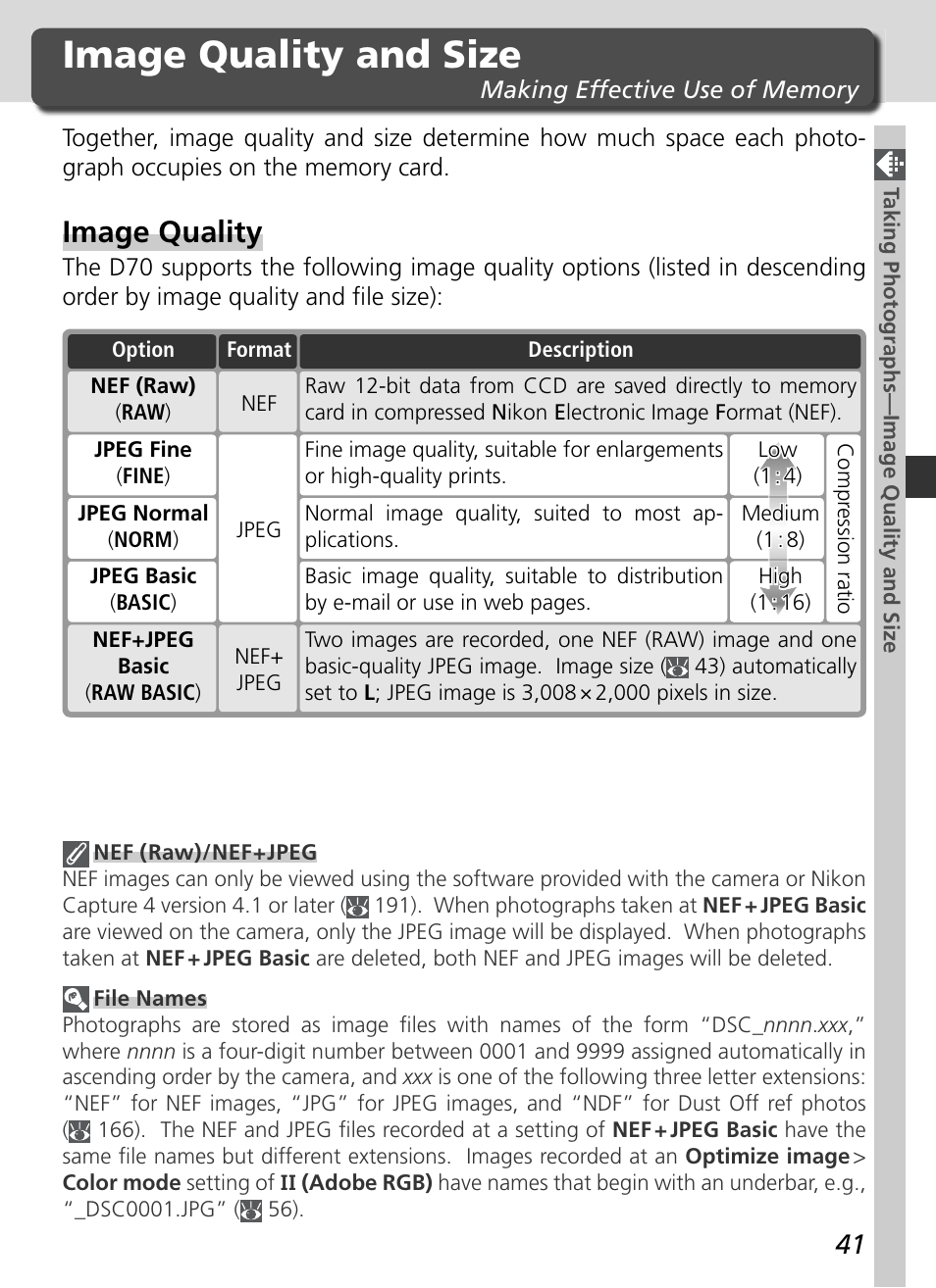 Image quality and size, Image quality | Nikon D70 User Manual | Page 51 / 218