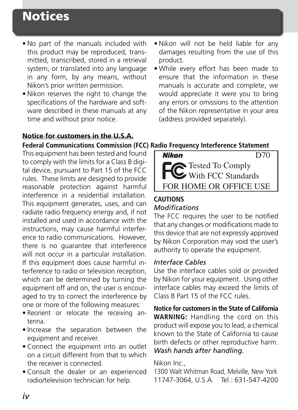 Notices | Nikon D70 User Manual | Page 6 / 218