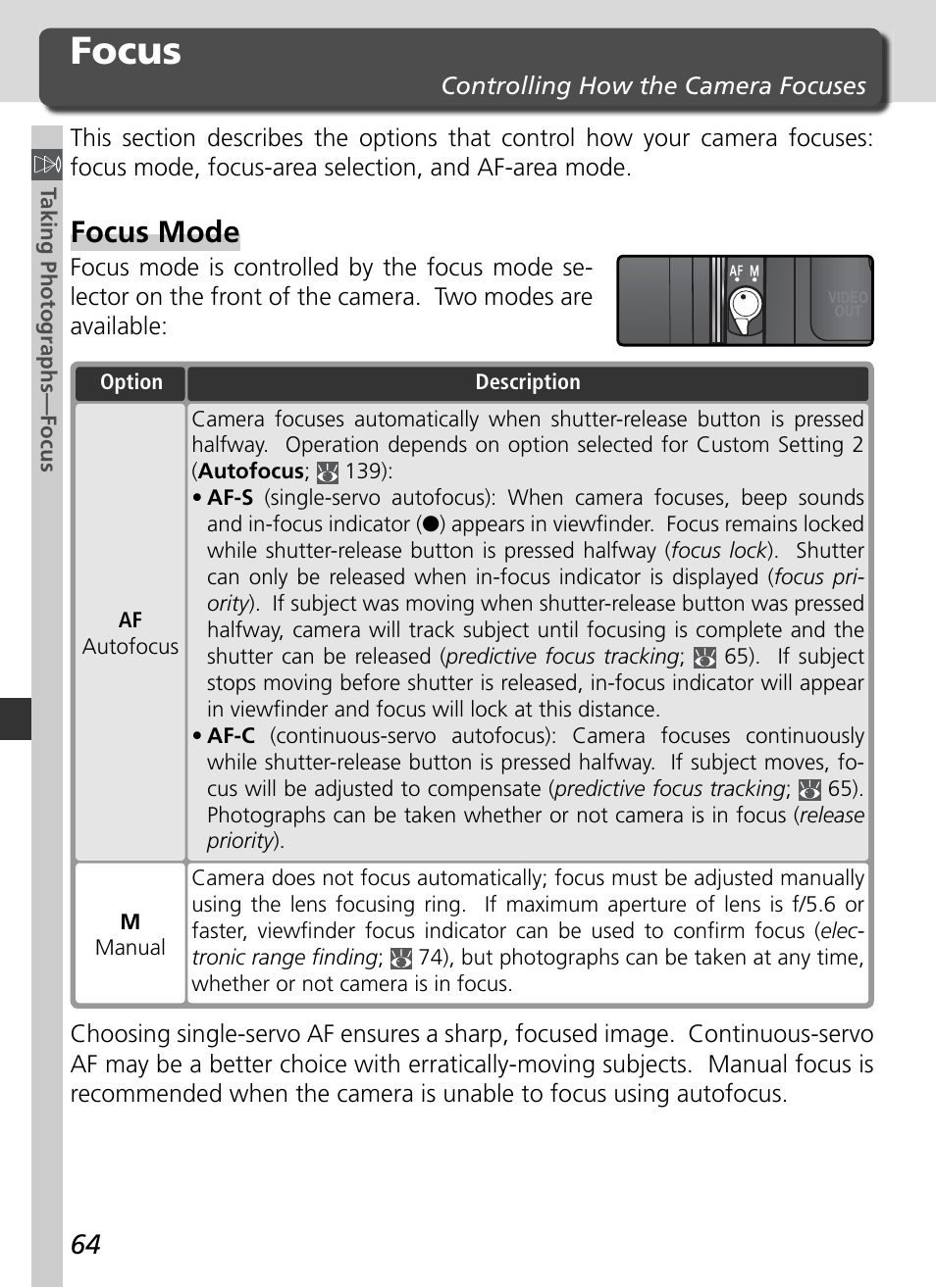 Focus, Focus mode | Nikon D70 User Manual | Page 74 / 218