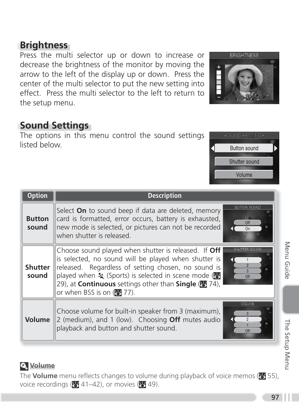 Brightness, Sound settings | Nikon 3700 User Manual | Page 107 / 127