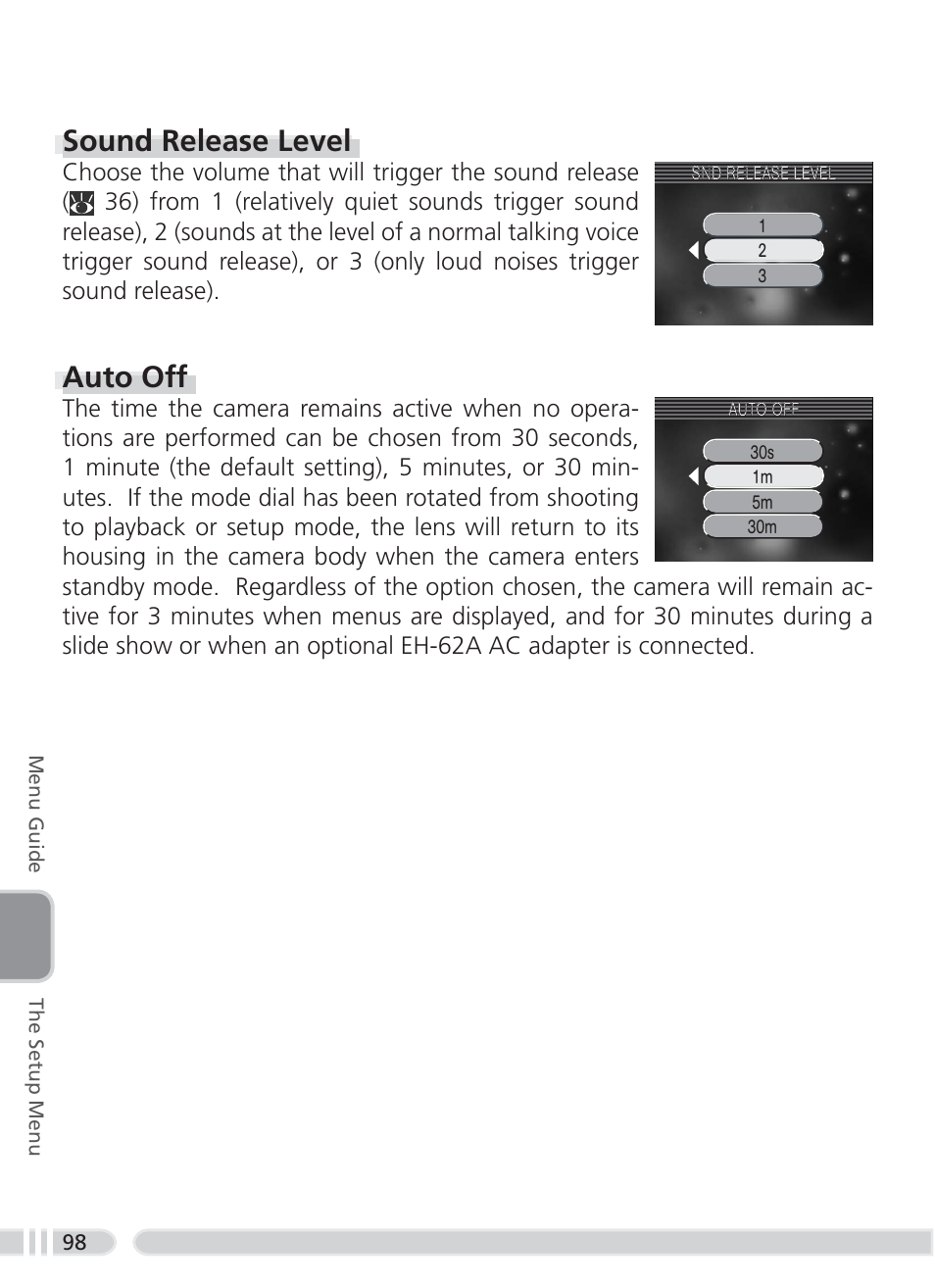 Sound release level, Auto off | Nikon 3700 User Manual | Page 108 / 127