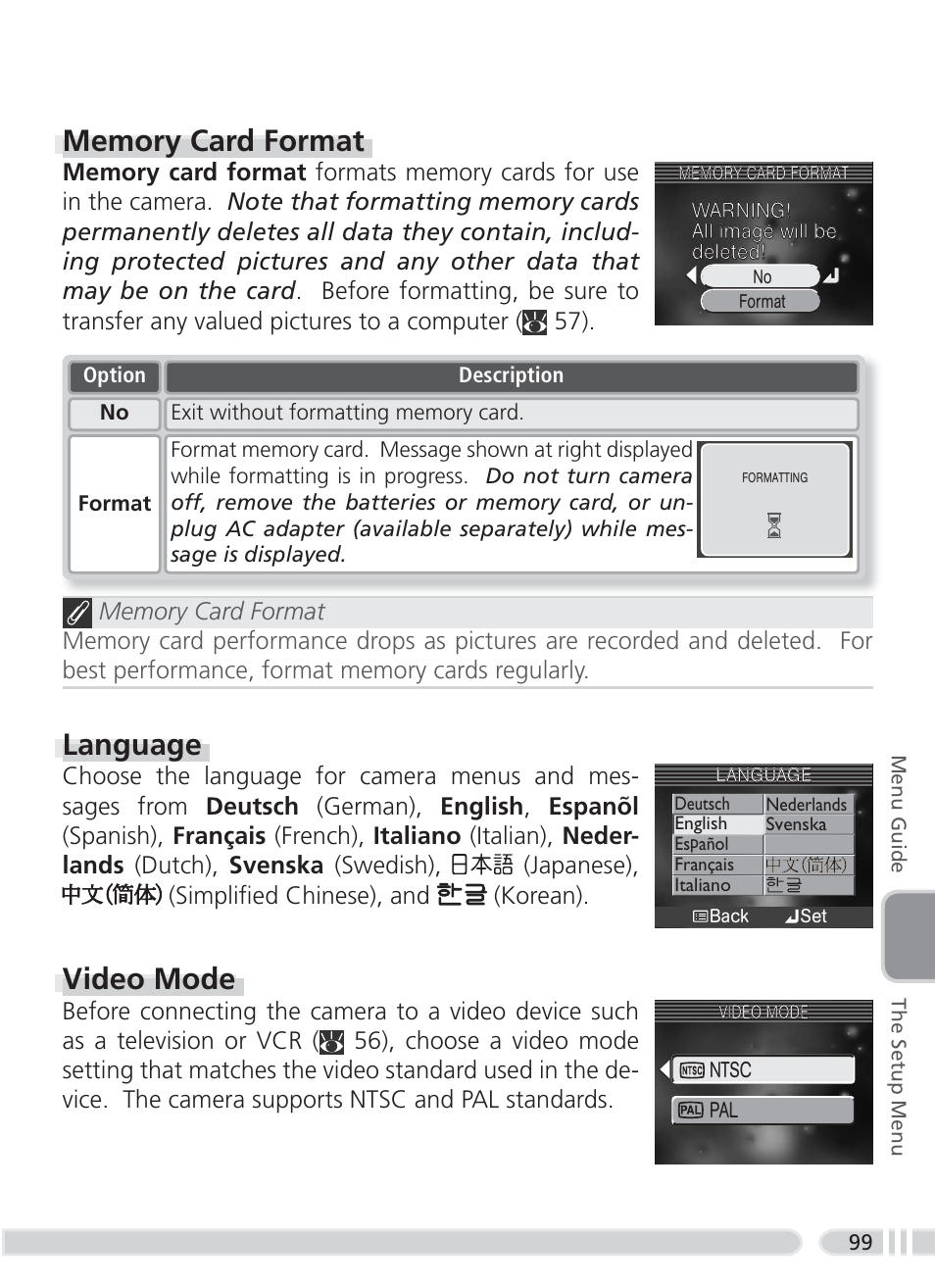 Language, Video mode | Nikon 3700 User Manual | Page 109 / 127