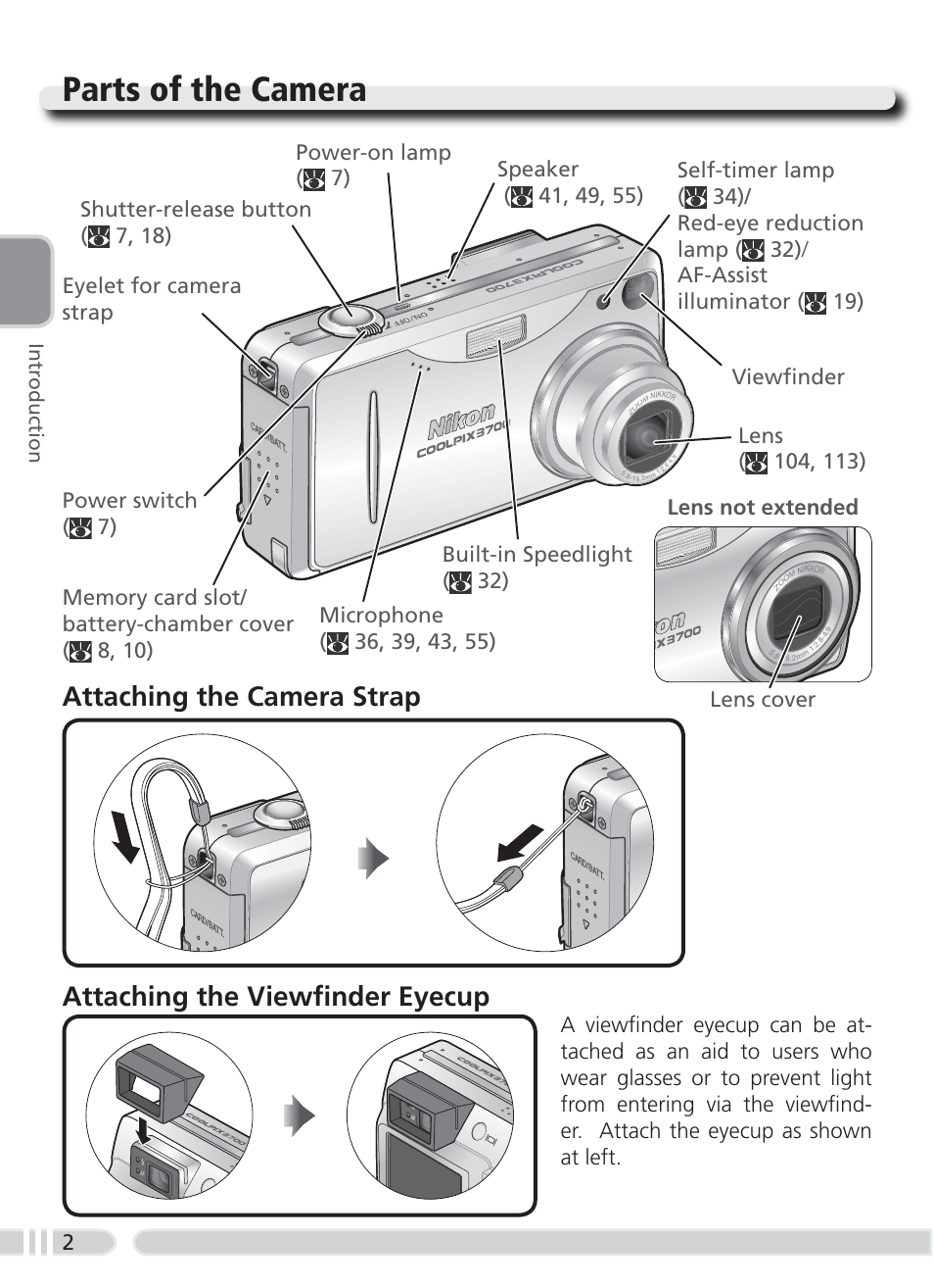 Parts of the camera, Lens cover lens not extended, Introduction | Nikon 3700 User Manual | Page 12 / 127