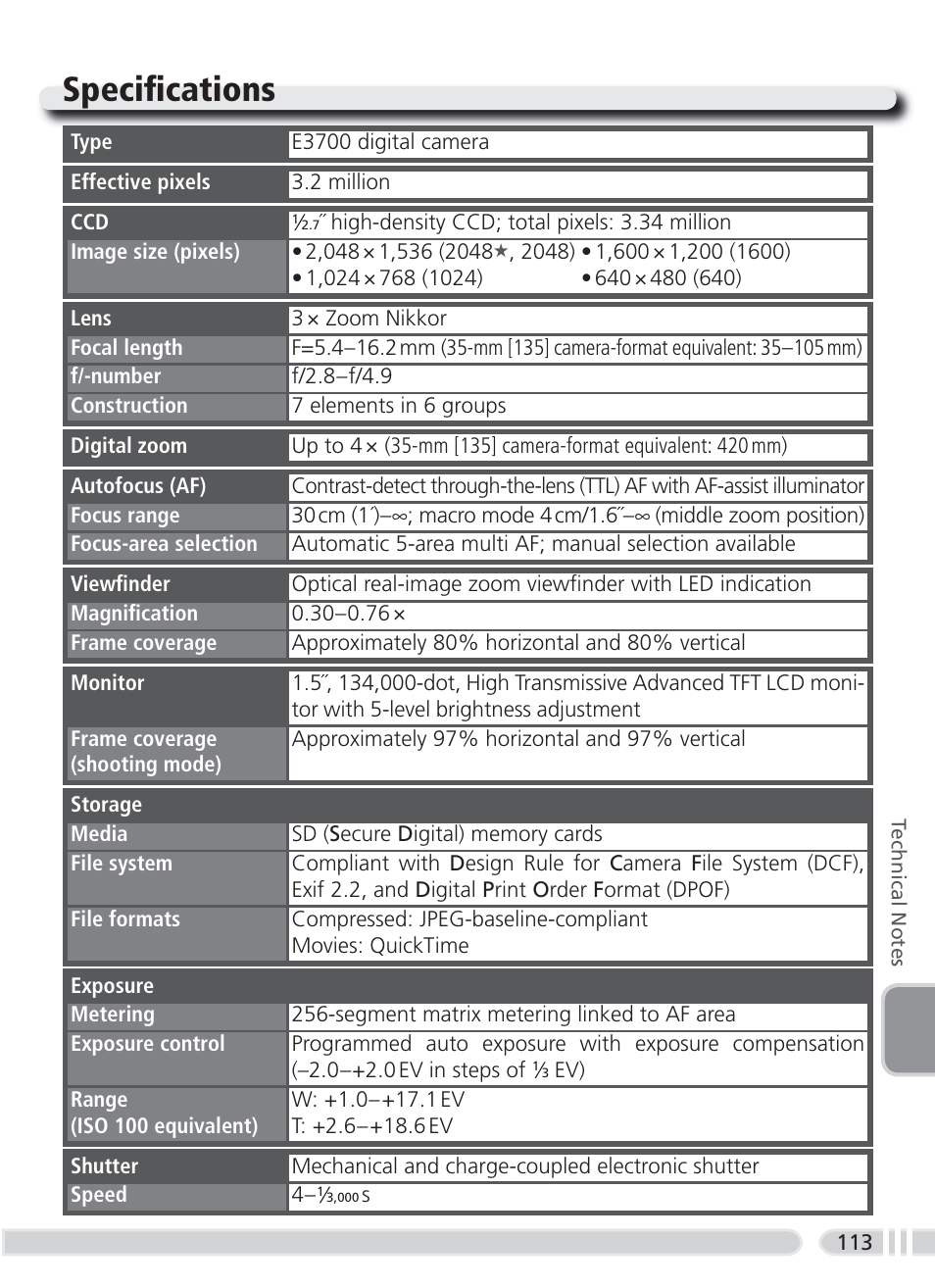 Specifi cations | Nikon 3700 User Manual | Page 123 / 127