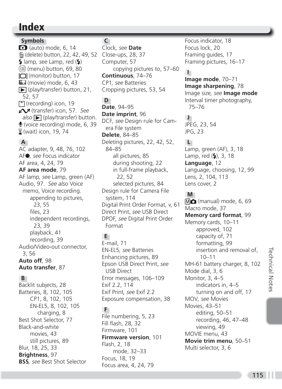 Index | Nikon 3700 User Manual | Page 125 / 127