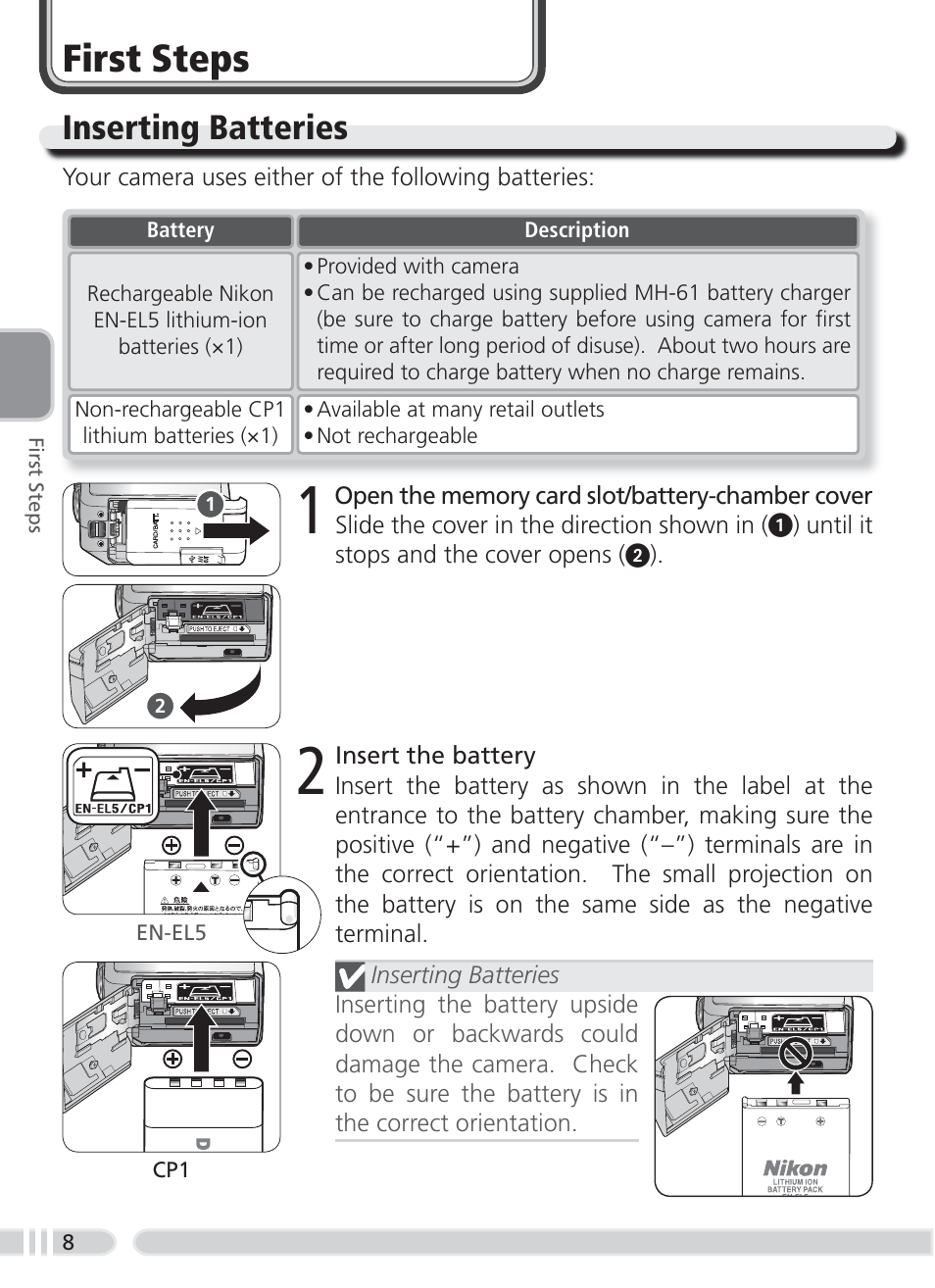 First steps, Inserting batteries | Nikon 3700 User Manual | Page 18 / 127