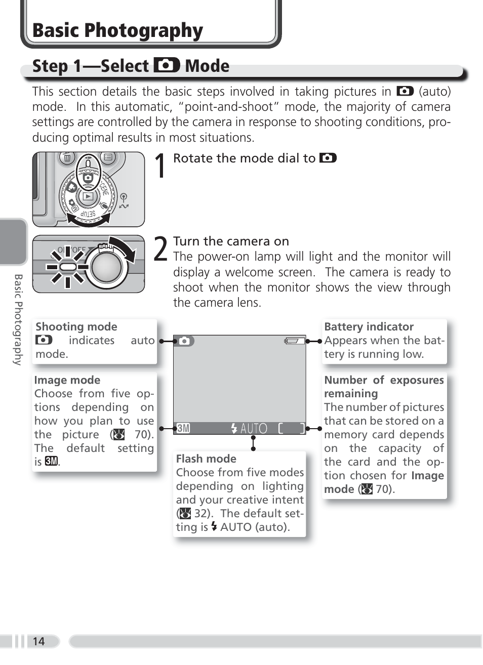 Basic photography, Step 1 —select mode | Nikon 3700 User Manual | Page 24 / 127