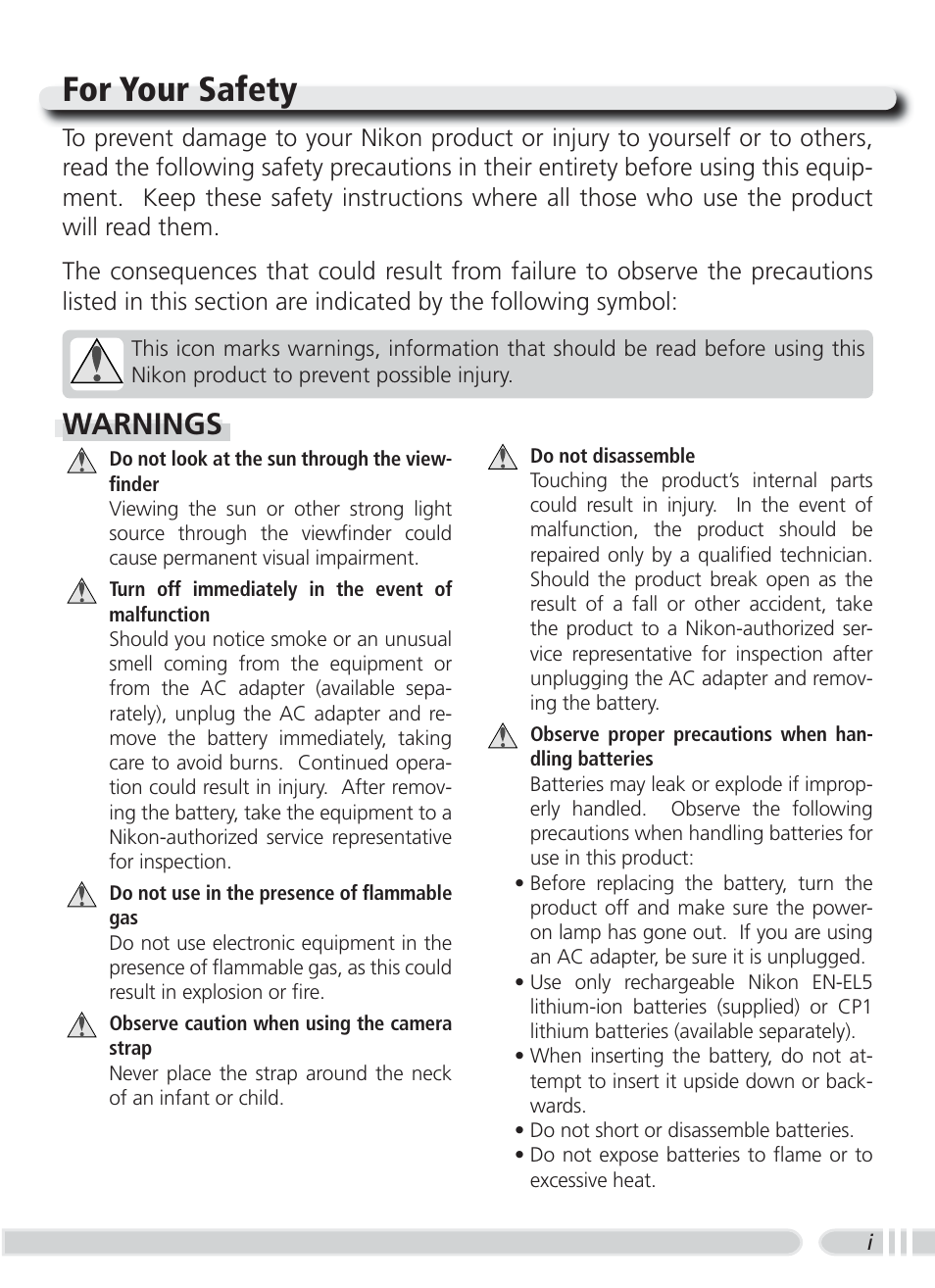 For your safety, Warnings | Nikon 3700 User Manual | Page 3 / 127