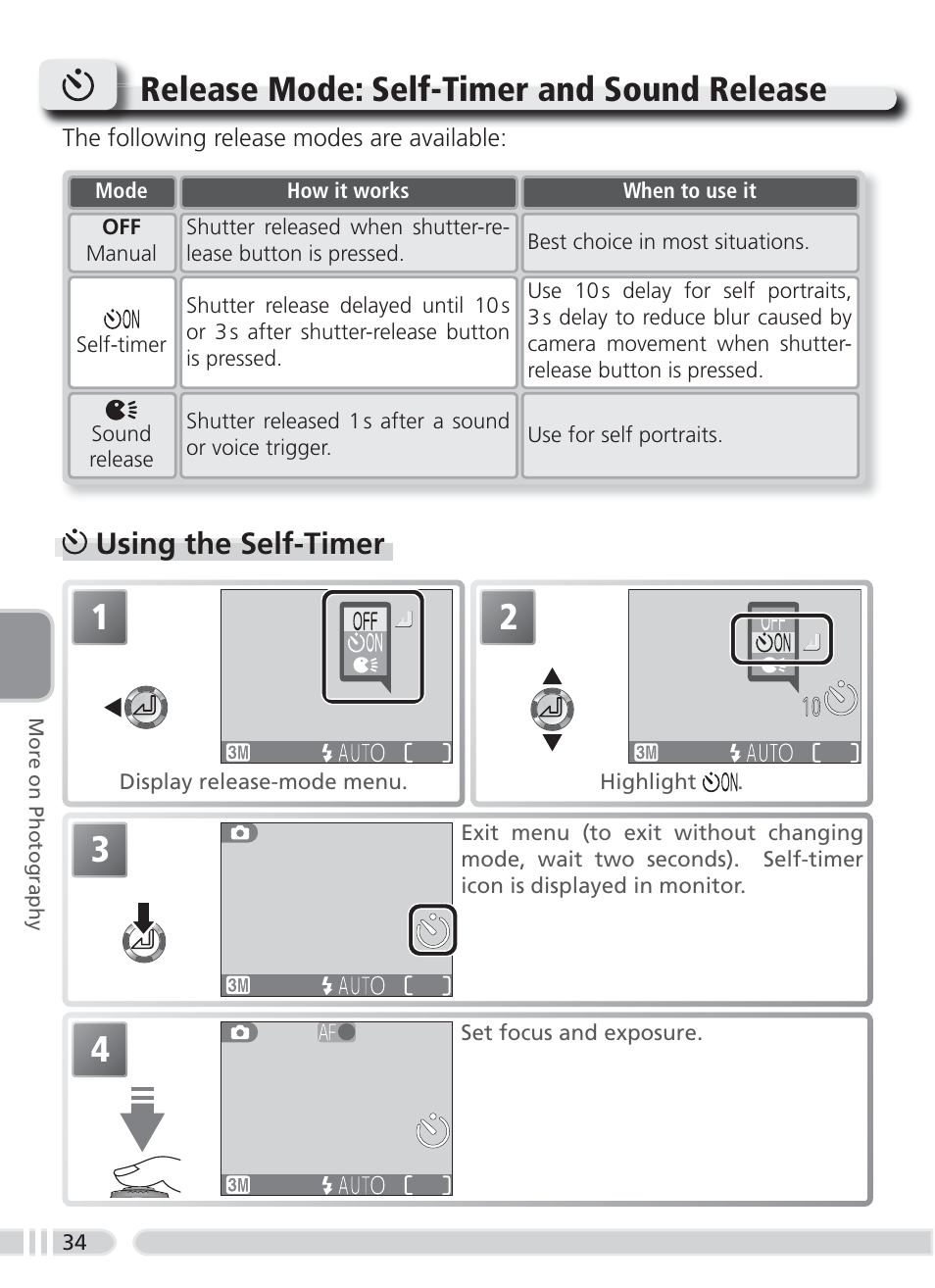 Release mode: self-timer and sound release, Using the self-timer | Nikon 3700 User Manual | Page 44 / 127