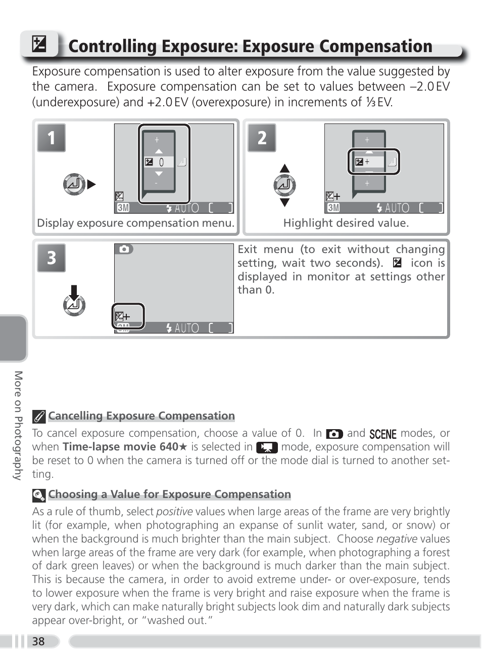 Controlling exposure: exposure compensation | Nikon 3700 User Manual | Page 48 / 127